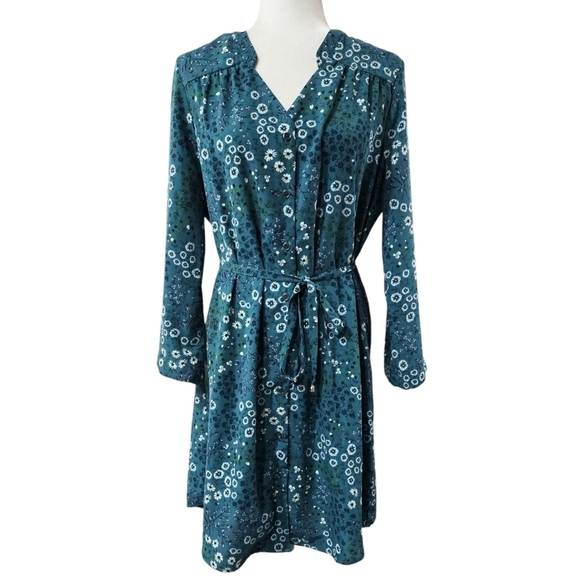 41 Hawthorn Cristen Teal Floral Ditsy Shirt Dress Roll Tab Sleeves Stitch Fix - Picture 1 of 9